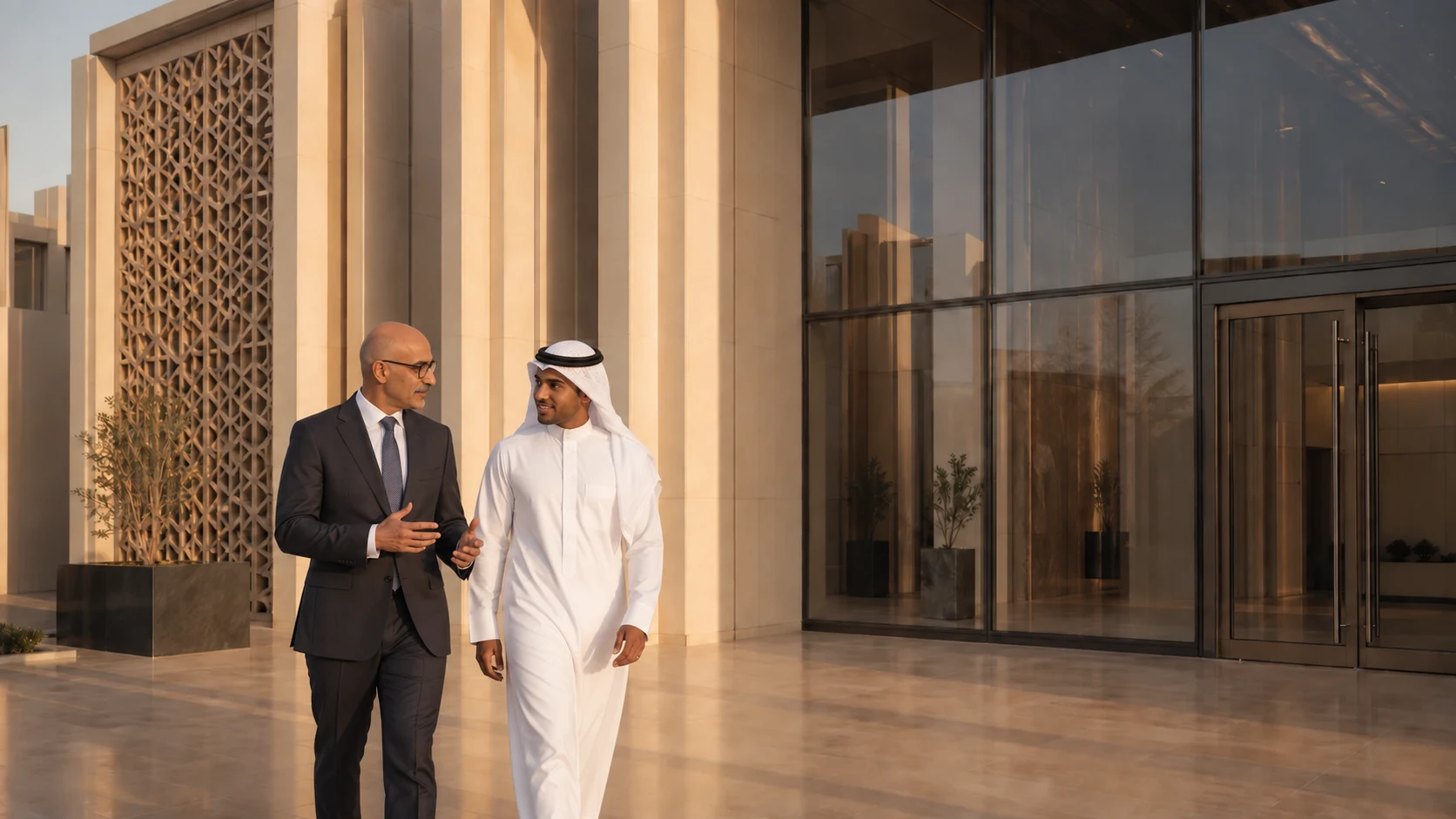 Saudi financial professionals outside a Riyadh office entrance