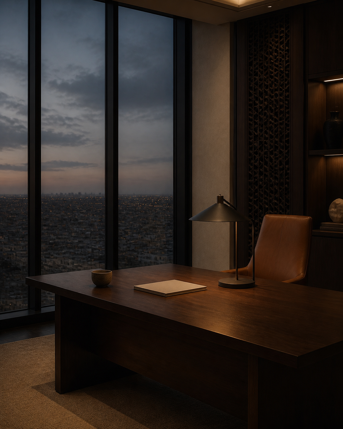 Private financial office overlooking Riyadh at dusk