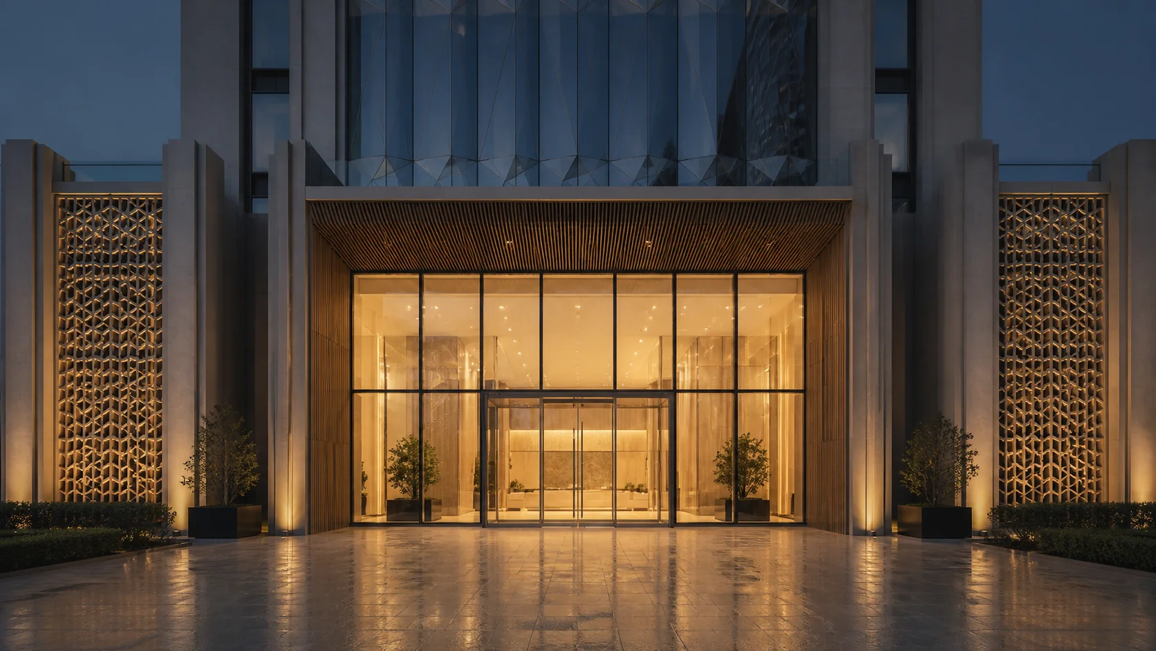 Lameh office entrance at blue hour