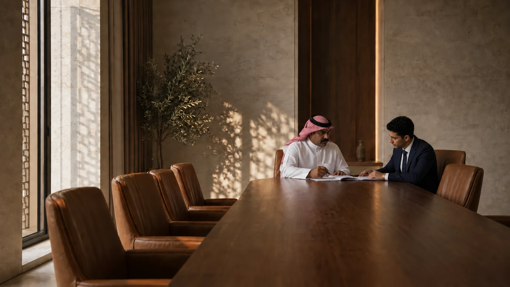 Saudi financial professionals reviewing documents in a boardroom